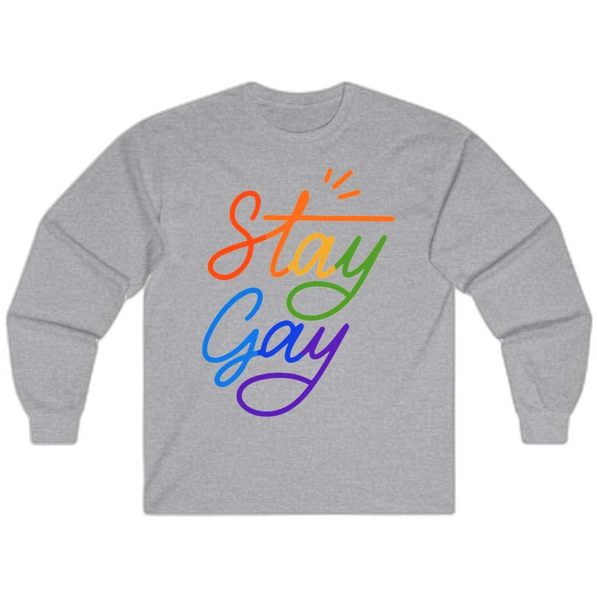 Rainbow gradient text reading 'Stay Gay' with a green checkmark and sparkle accents on gray background in Sport Grey