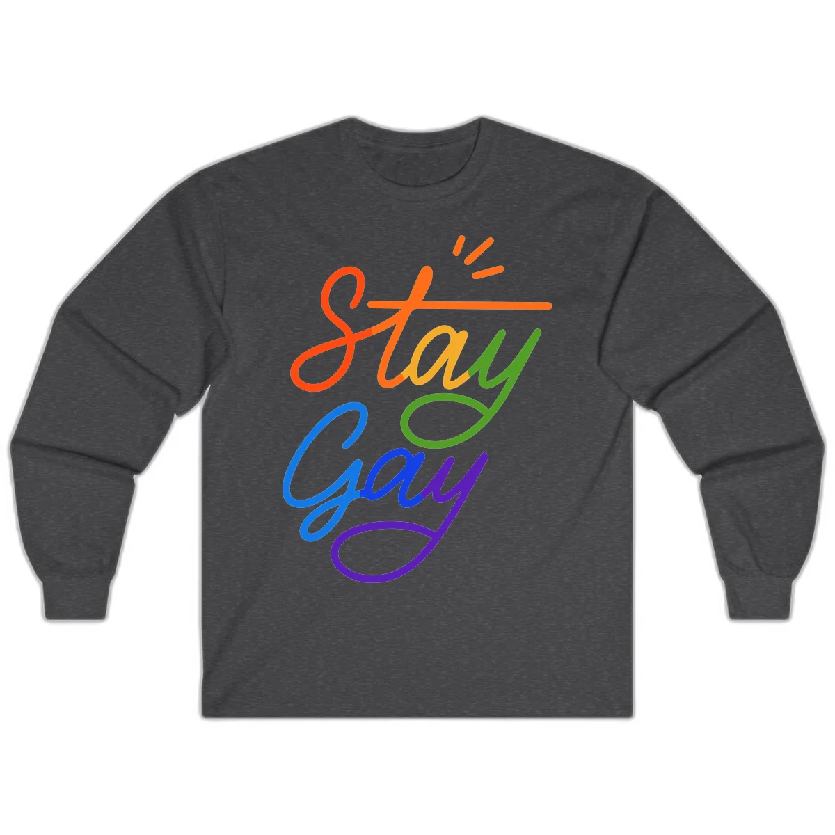 Rainbow gradient text reading 'Stay Gay' with a green checkmark and sparkle accents on gray background in Dark Heather