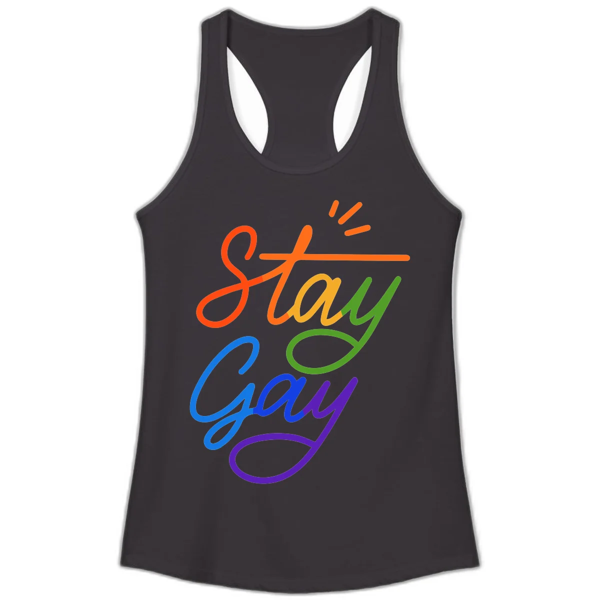 Rainbow gradient text reading 'Stay Gay' with a green checkmark and sparkle accents on gray background in Black