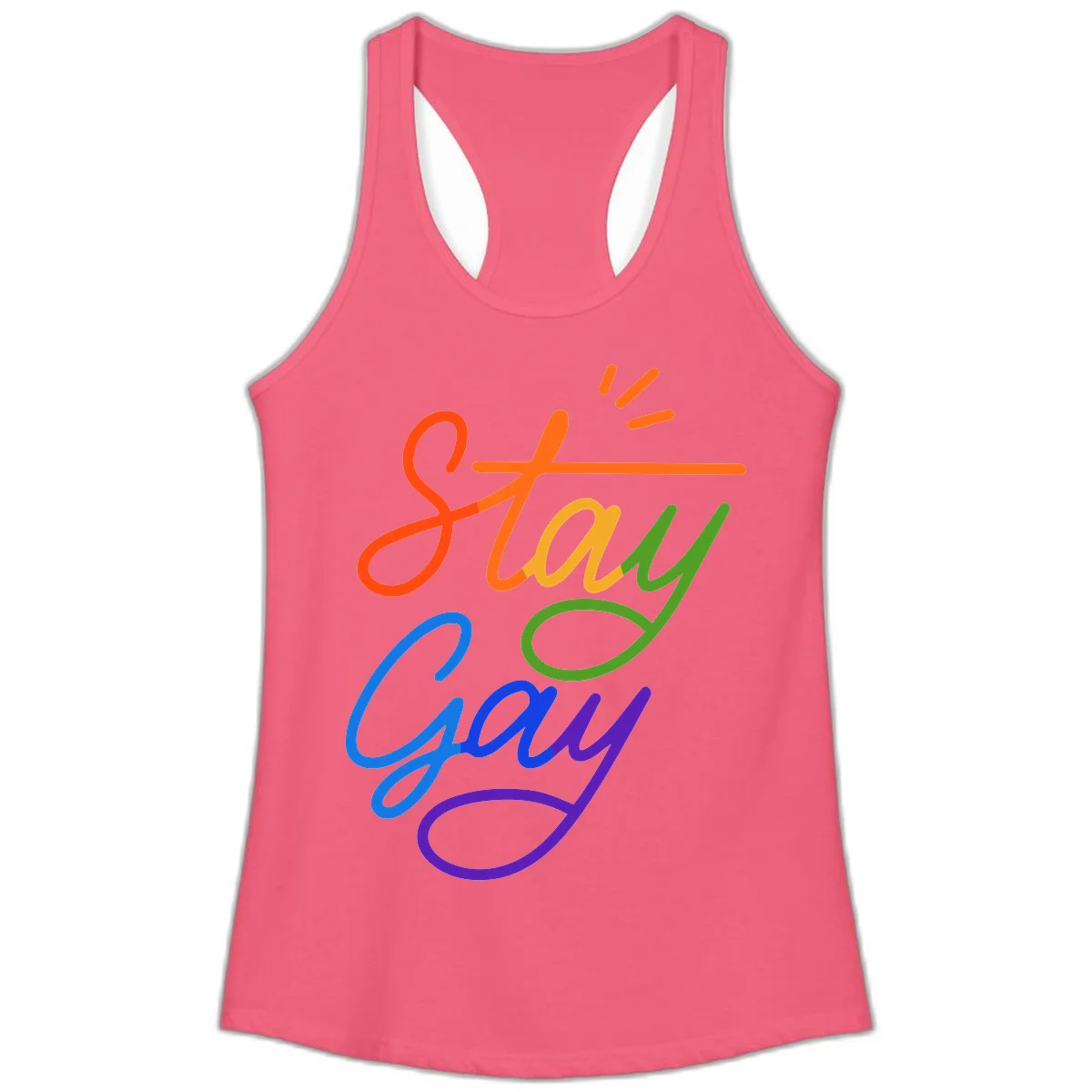 Rainbow gradient text reading 'Stay Gay' with a green checkmark and sparkle accents on gray background in Hot Pink