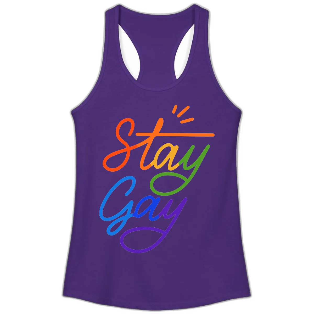 Rainbow gradient text reading 'Stay Gay' with a green checkmark and sparkle accents on gray background in Solid Purple Rush