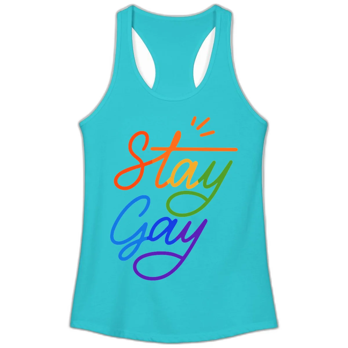 Rainbow gradient text reading 'Stay Gay' with a green checkmark and sparkle accents on gray background in Solid Tahiti Blue