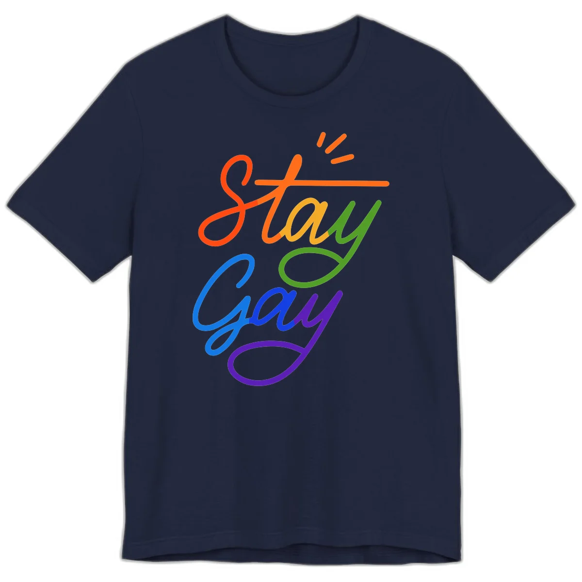Rainbow gradient text reading 'Stay Gay' with a green checkmark and sparkle accents on gray background in Navy