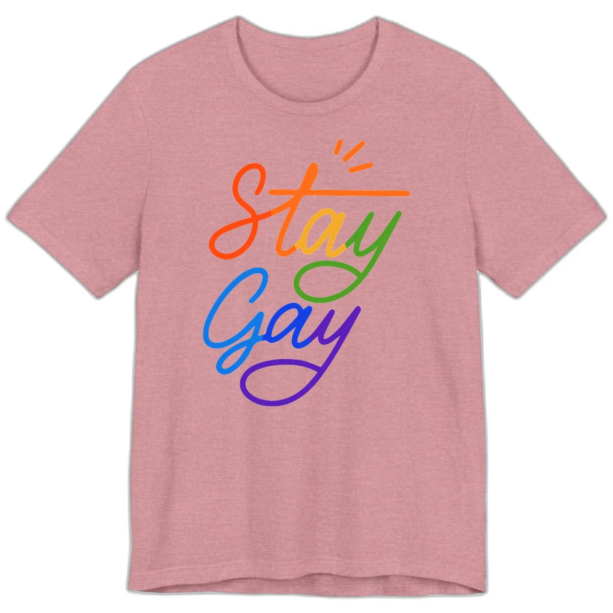 Rainbow gradient text reading 'Stay Gay' with a green checkmark and sparkle accents on gray background in Heather Orchid