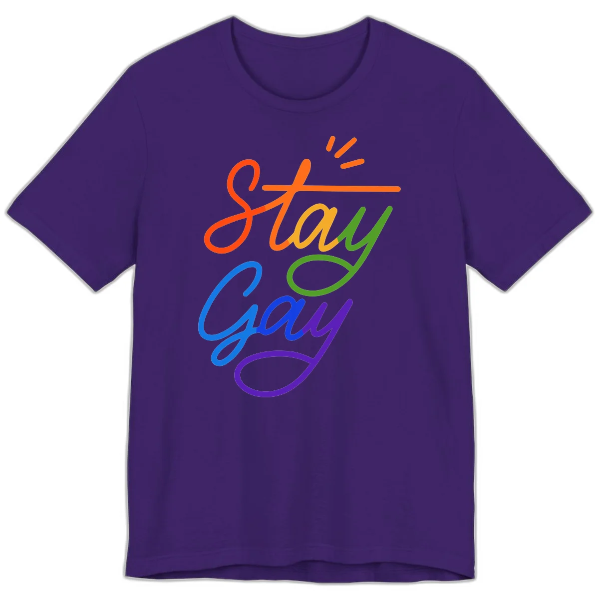 Rainbow gradient text reading 'Stay Gay' with a green checkmark and sparkle accents on gray background in Team Purple
