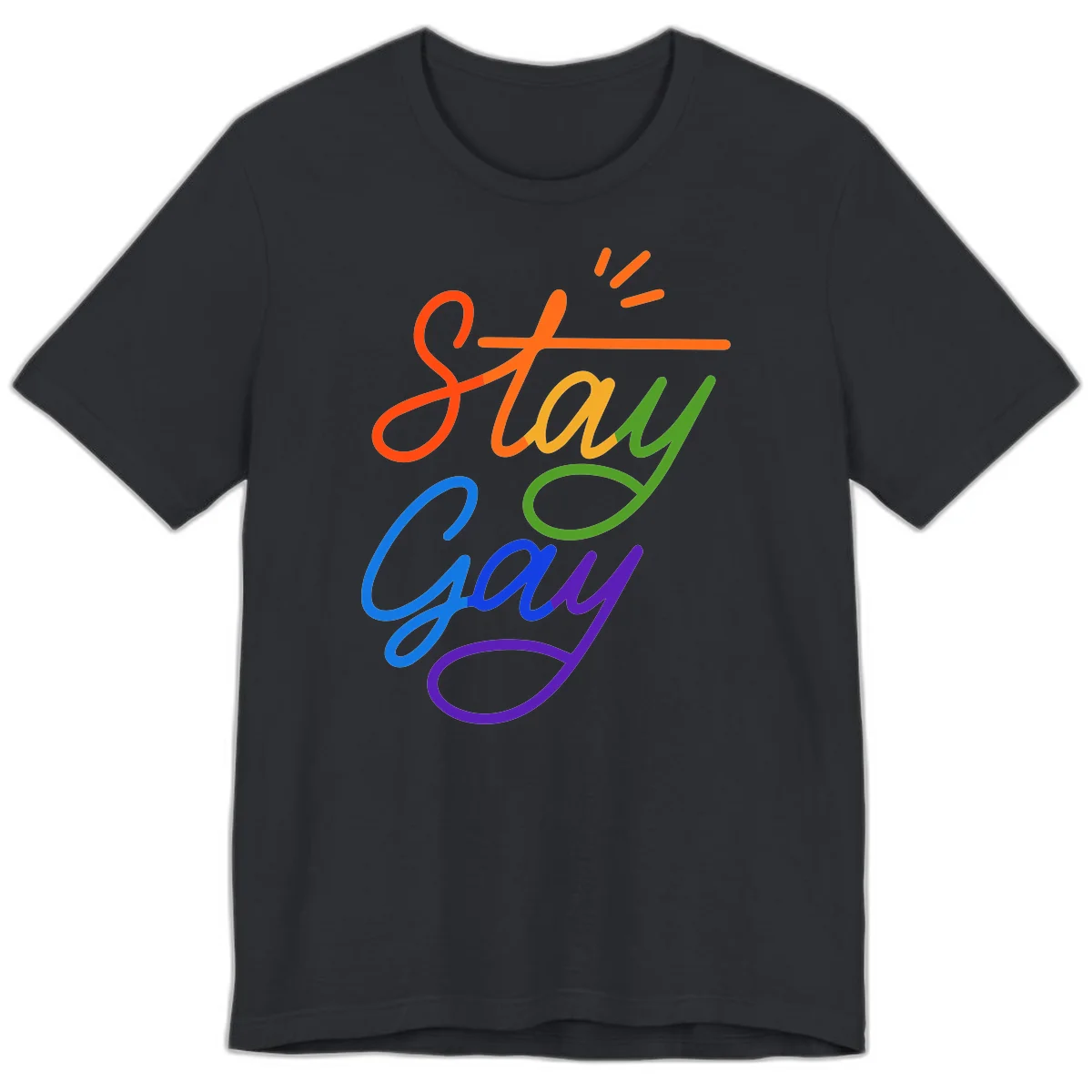 Rainbow gradient text reading 'Stay Gay' with a green checkmark and sparkle accents on gray background in Vintage Black