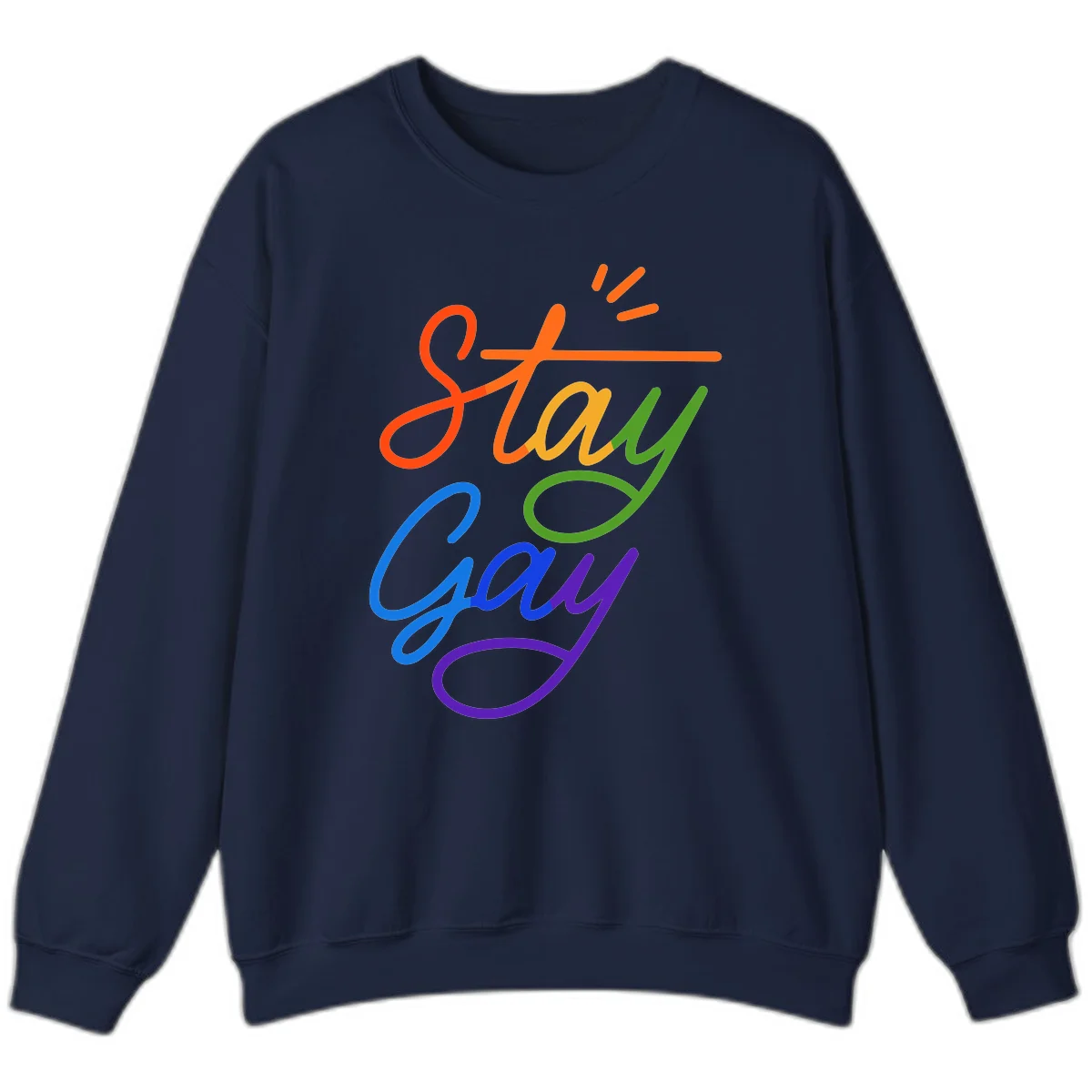 Rainbow gradient text reading 'Stay Gay' with a green checkmark and sparkle accents on gray background in Navy