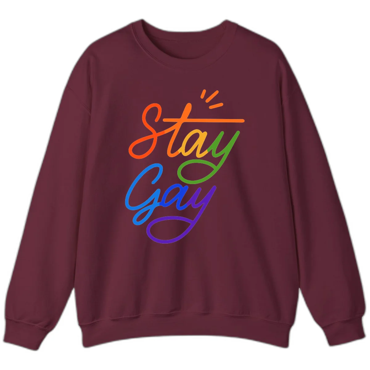 Rainbow gradient text reading 'Stay Gay' with a green checkmark and sparkle accents on gray background in Maroon