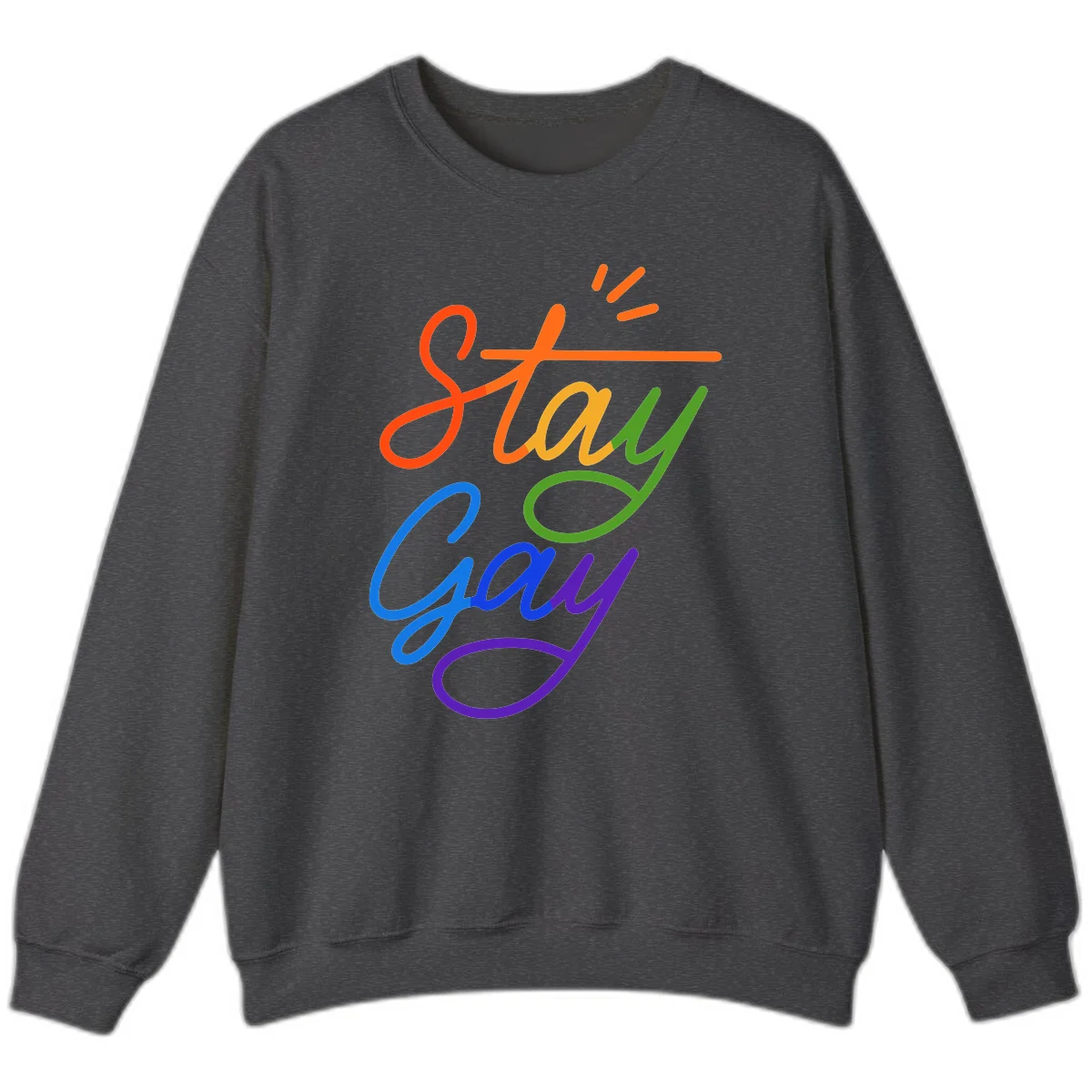 Rainbow gradient text reading 'Stay Gay' with a green checkmark and sparkle accents on gray background in Dark Heather