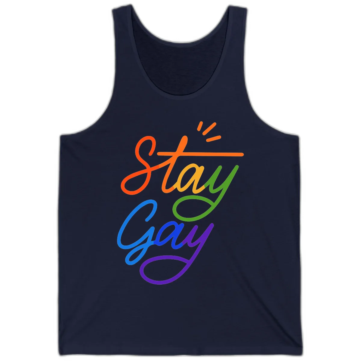 Rainbow gradient text reading 'Stay Gay' with a green checkmark and sparkle accents on gray background in Navy