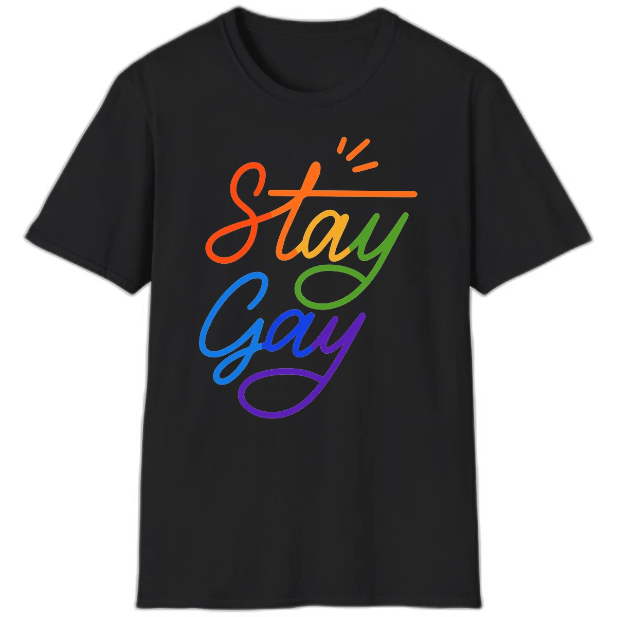 Rainbow gradient text reading 'Stay Gay' with a green checkmark and sparkle accents on gray background in Black