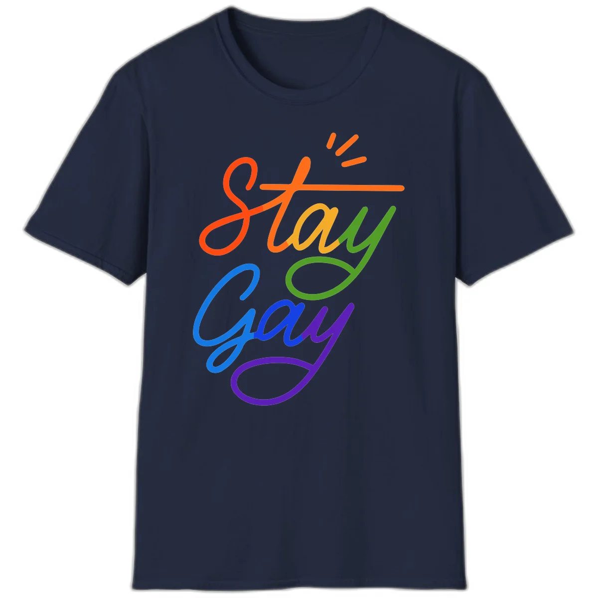 Rainbow gradient text reading 'Stay Gay' with a green checkmark and sparkle accents on gray background in Navy