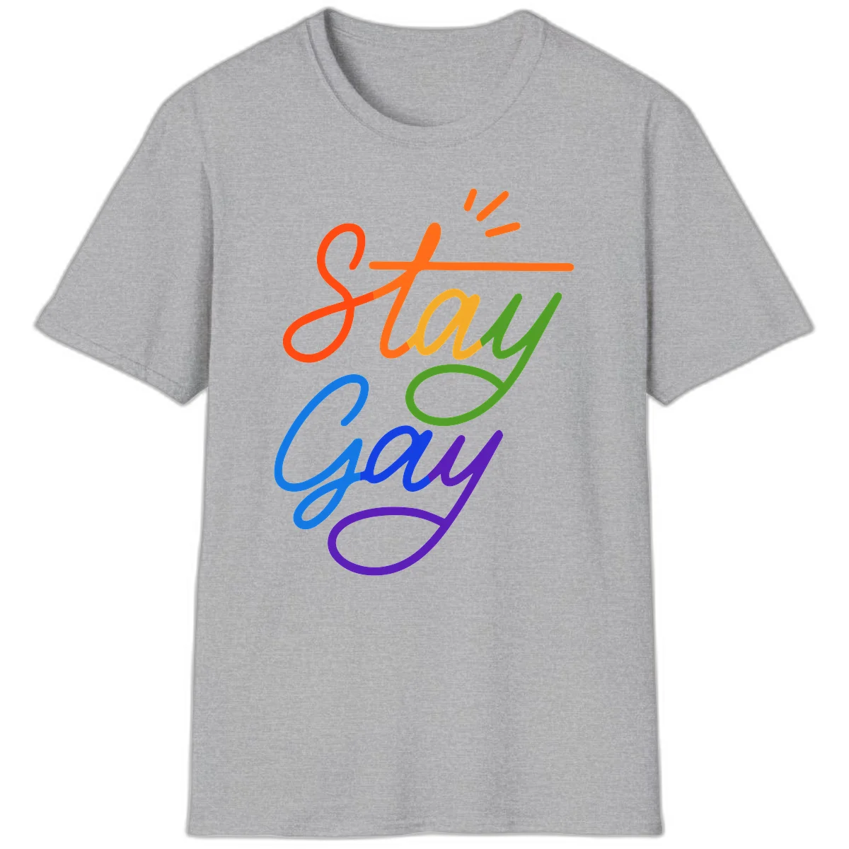 Rainbow gradient text reading 'Stay Gay' with a green checkmark and sparkle accents on gray background in Sport Grey
