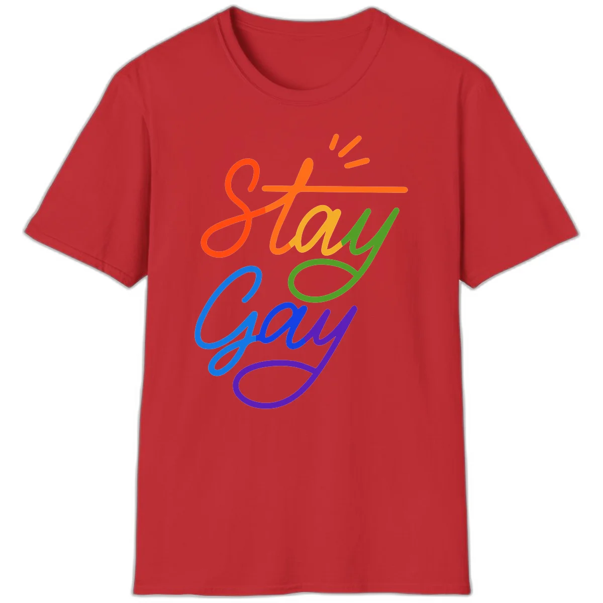 Rainbow gradient text reading 'Stay Gay' with a green checkmark and sparkle accents on gray background in Red