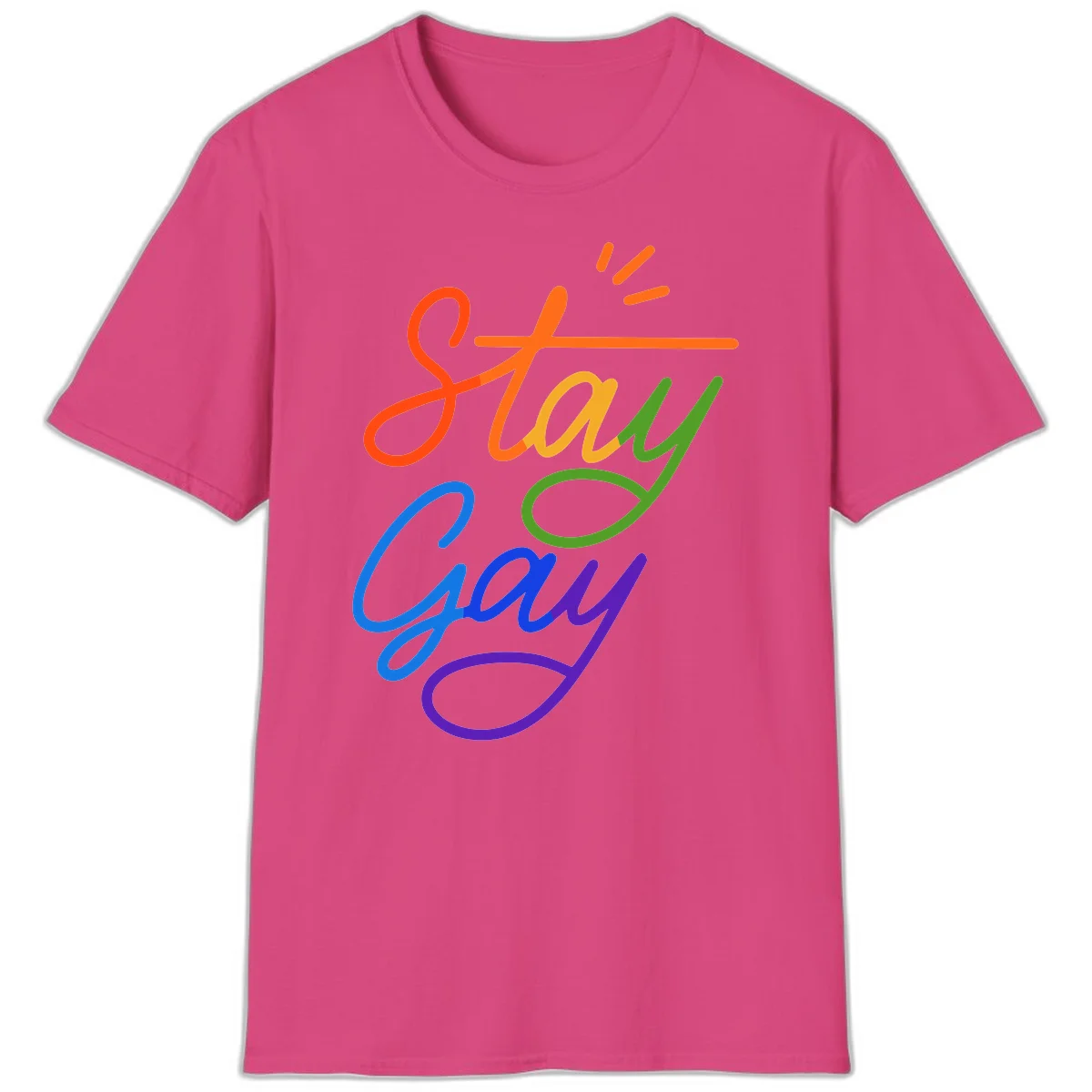 Rainbow gradient text reading 'Stay Gay' with a green checkmark and sparkle accents on gray background in Heliconia