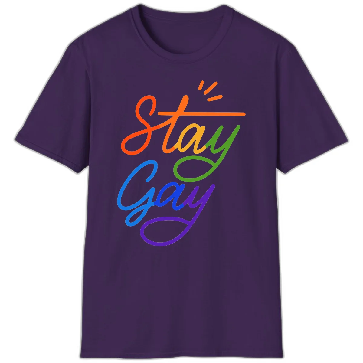 Rainbow gradient text reading 'Stay Gay' with a green checkmark and sparkle accents on gray background in Purple