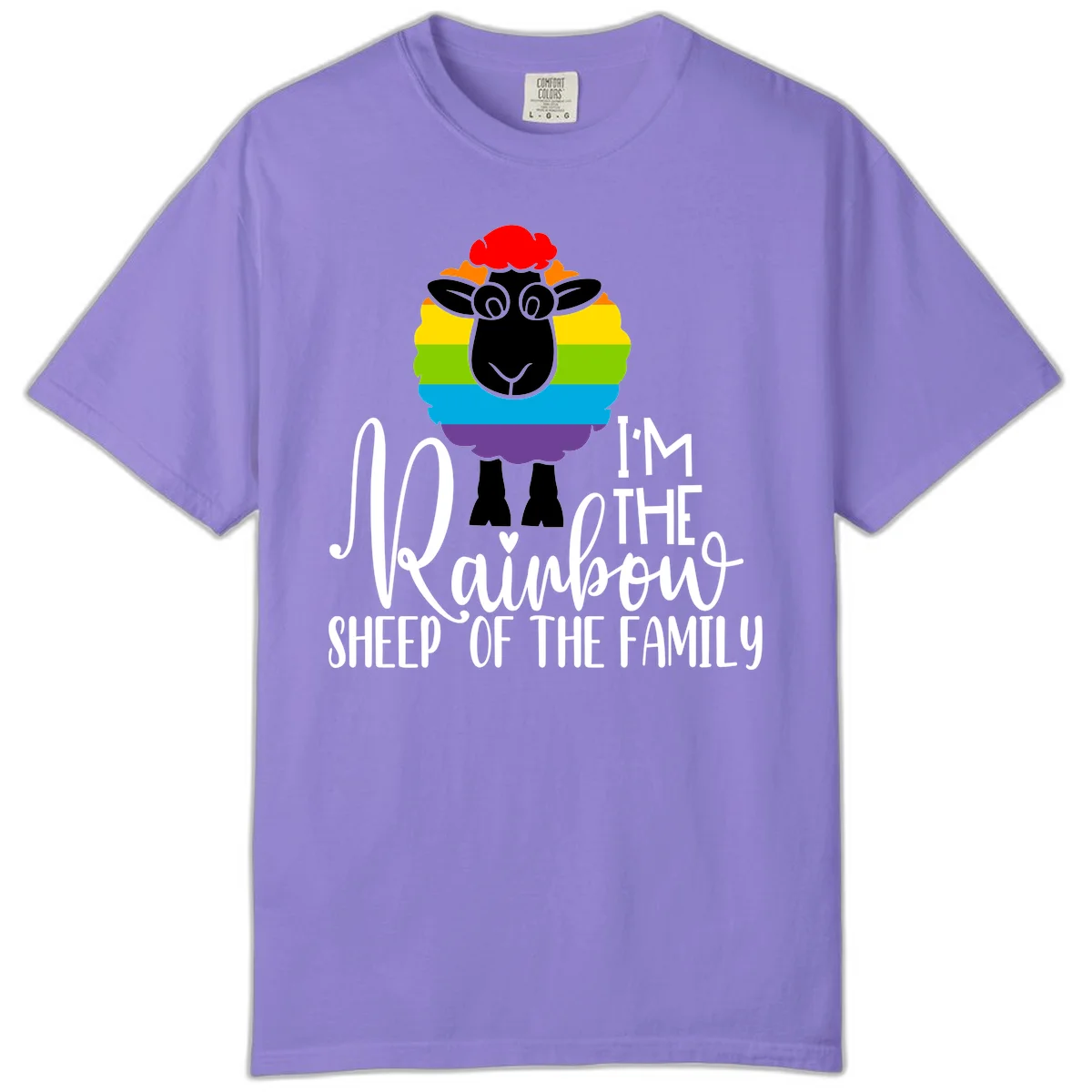 Cartoon sheep with rainbow-striped wool and text 'I'm The Rainbow Sheep Of The Family' celebrating pride and individuality in Violet