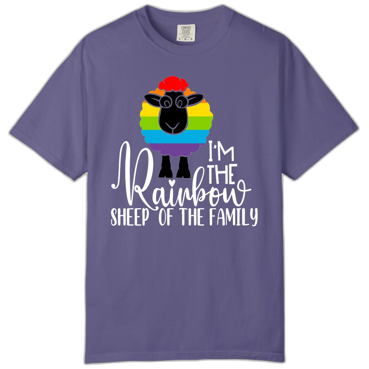 Cartoon sheep with rainbow-striped wool and text 'I'm The Rainbow Sheep Of The Family' celebrating pride and individuality in Grape