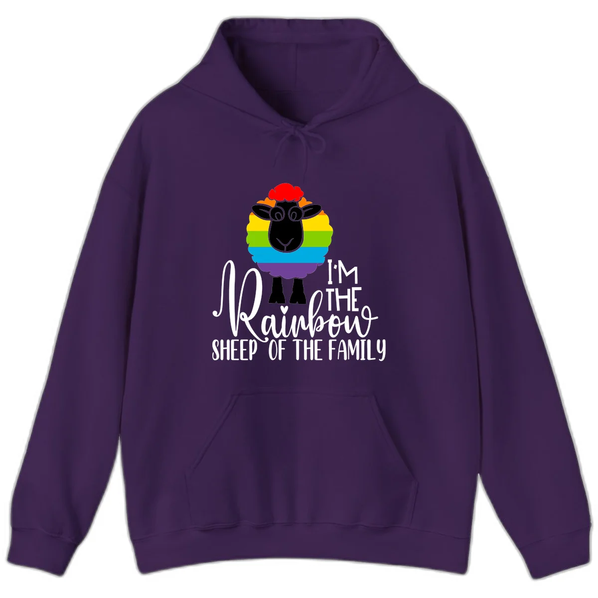 Cartoon sheep with rainbow-striped wool and text 'I'm The Rainbow Sheep Of The Family' celebrating pride and individuality in Purple