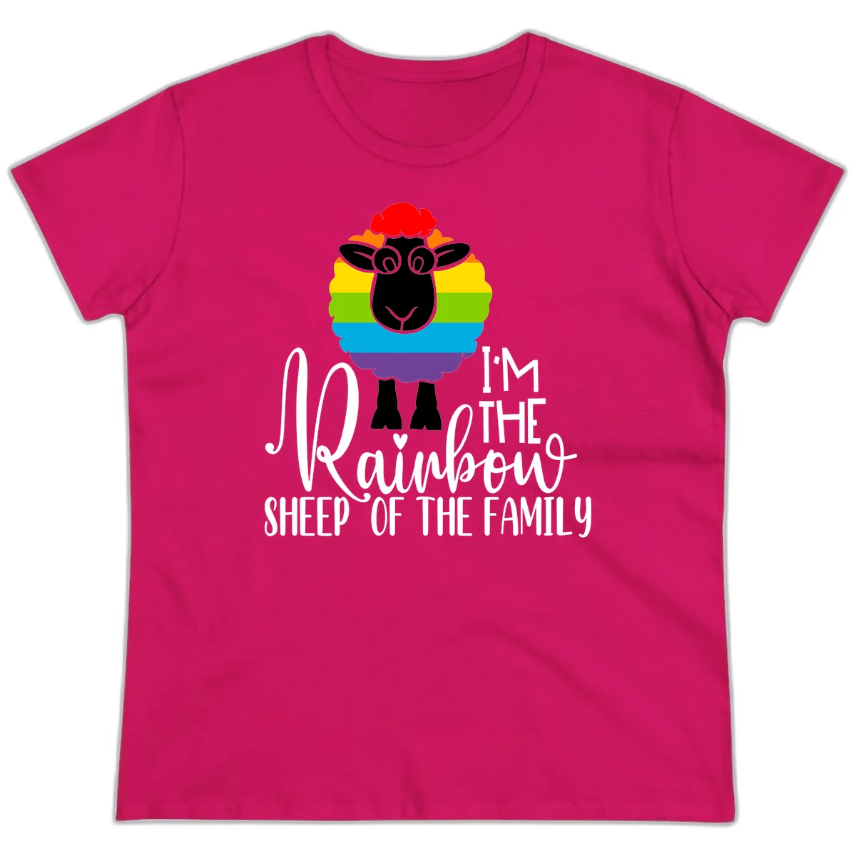 Cartoon sheep with rainbow-striped wool and text 'I'm The Rainbow Sheep Of The Family' celebrating pride and individuality in Heliconia