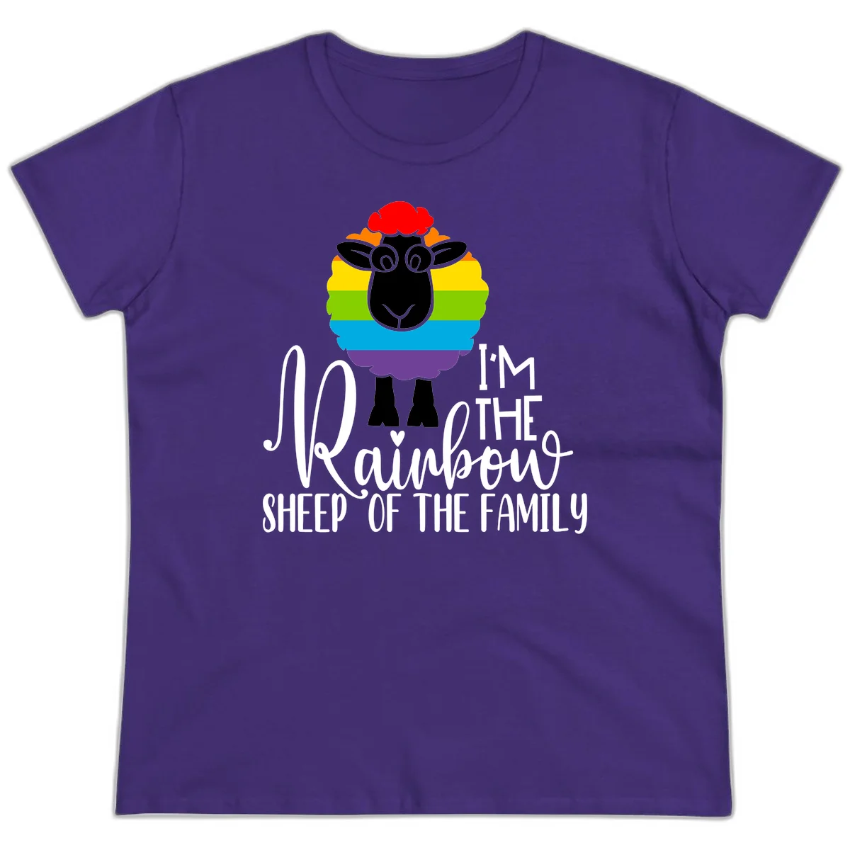 Cartoon sheep with rainbow-striped wool and text 'I'm The Rainbow Sheep Of The Family' celebrating pride and individuality in Purple