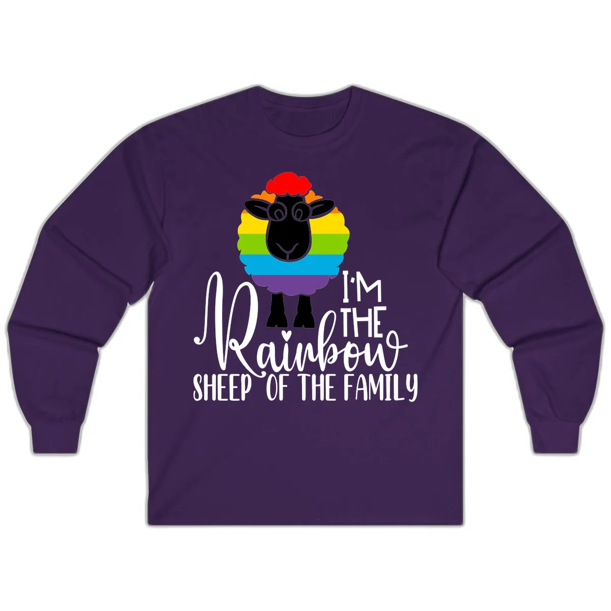 Cartoon sheep with rainbow-striped wool and text 'I'm The Rainbow Sheep Of The Family' celebrating pride and individuality in Purple