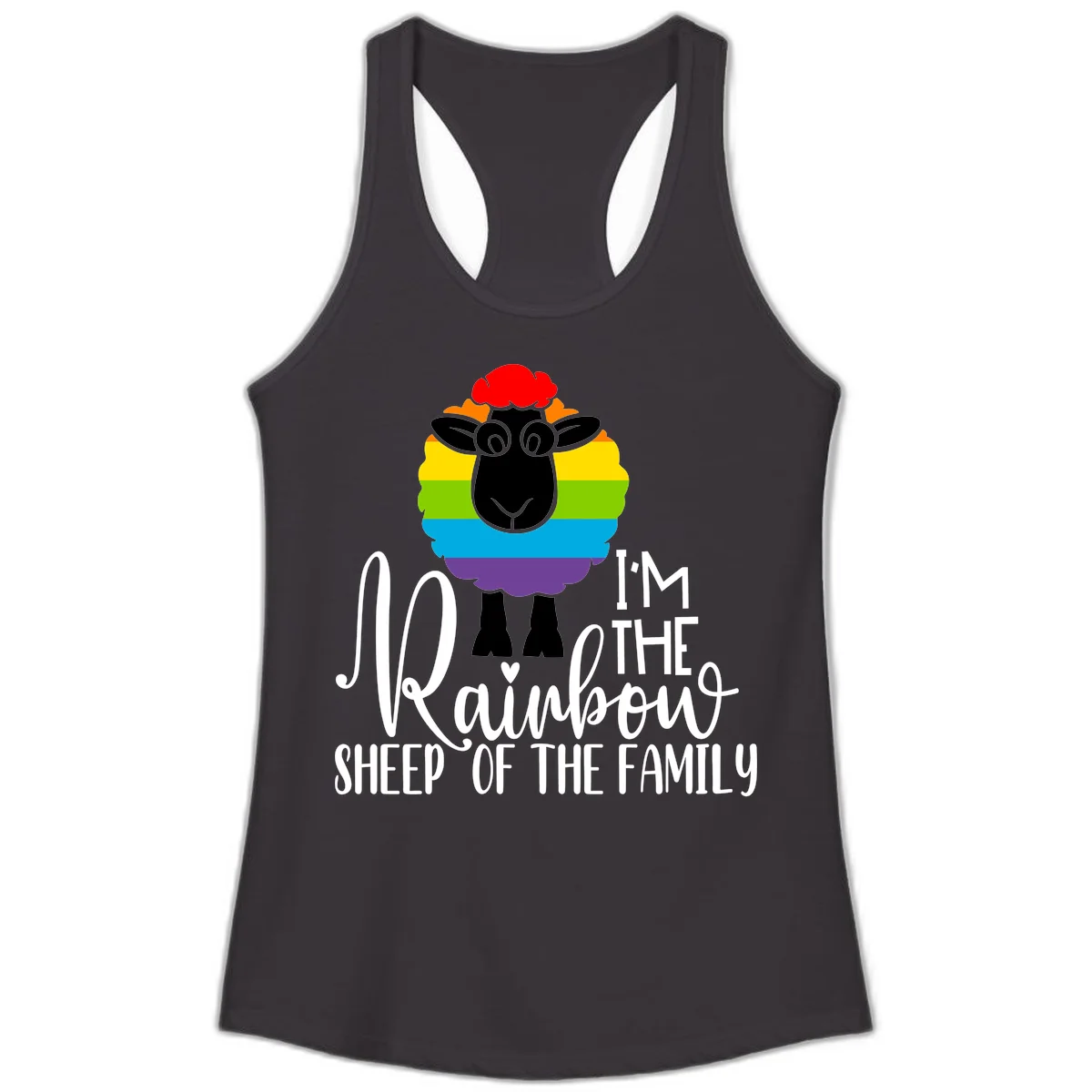 Cartoon sheep with rainbow-striped wool and text 'I'm The Rainbow Sheep Of The Family' celebrating pride and individuality in Black