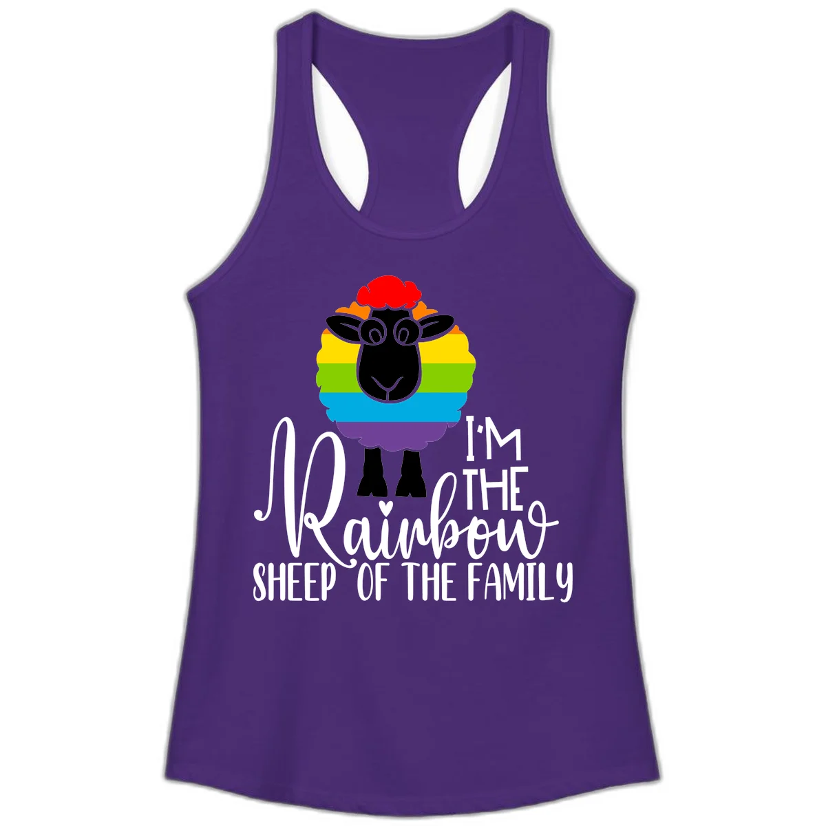 Cartoon sheep with rainbow-striped wool and text 'I'm The Rainbow Sheep Of The Family' celebrating pride and individuality in Solid Purple Rush