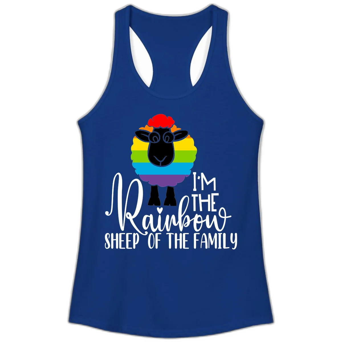 Cartoon sheep with rainbow-striped wool and text 'I'm The Rainbow Sheep Of The Family' celebrating pride and individuality in Solid Royal