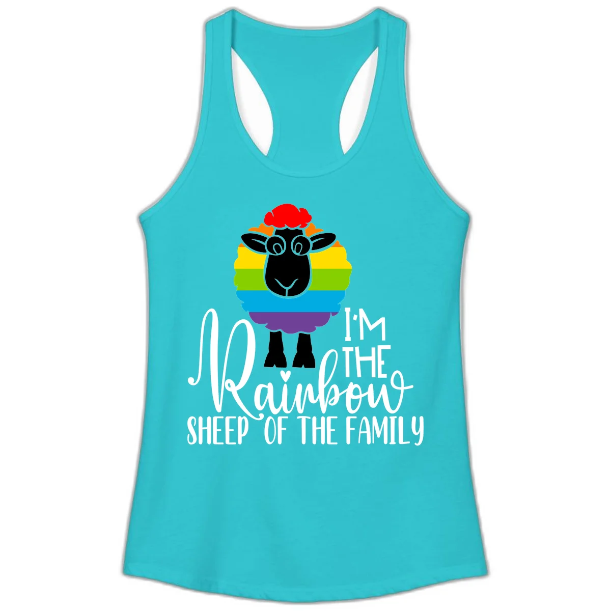 Cartoon sheep with rainbow-striped wool and text 'I'm The Rainbow Sheep Of The Family' celebrating pride and individuality in Solid Tahiti Blue