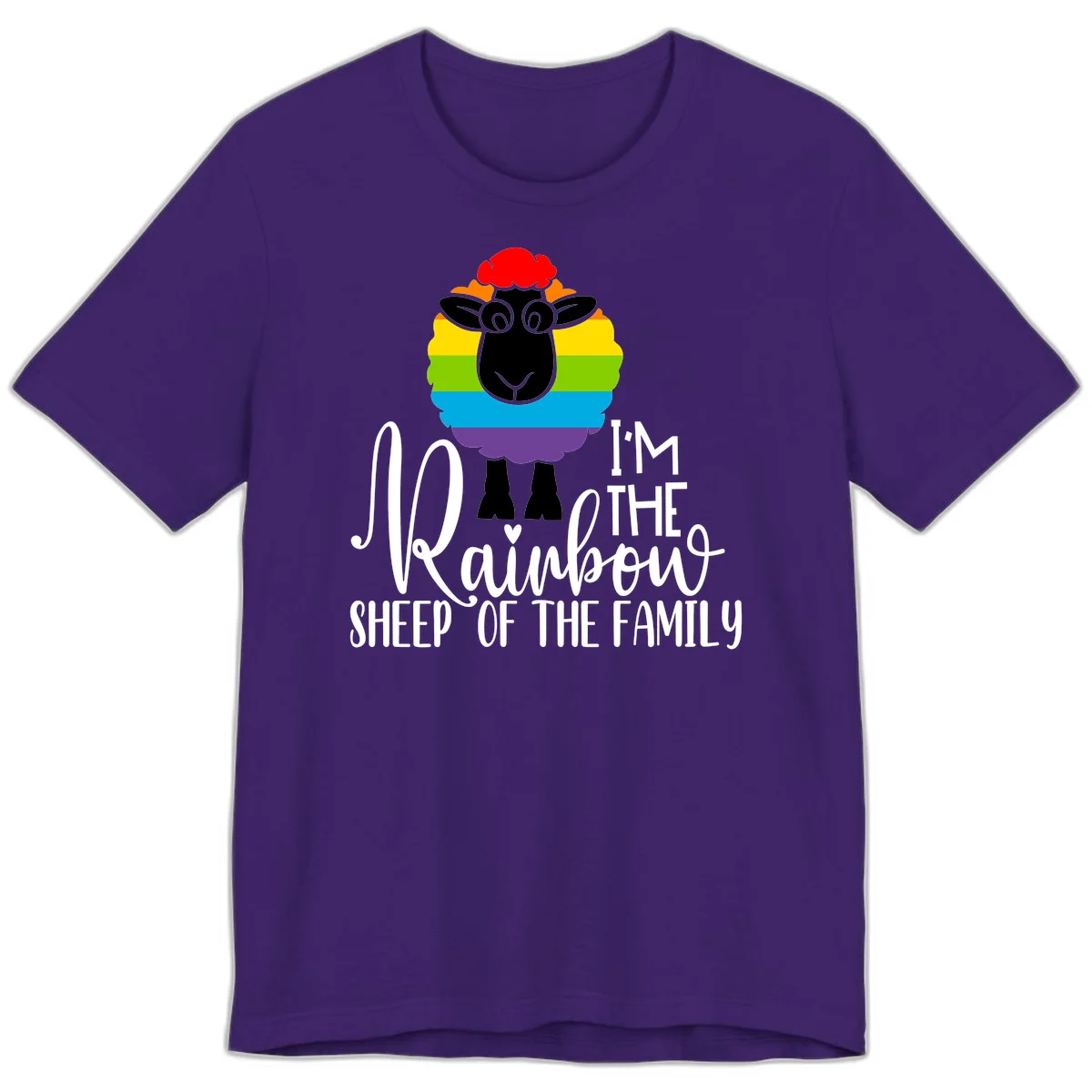 Cartoon sheep with rainbow-striped wool and text 'I'm The Rainbow Sheep Of The Family' celebrating pride and individuality in Team Purple