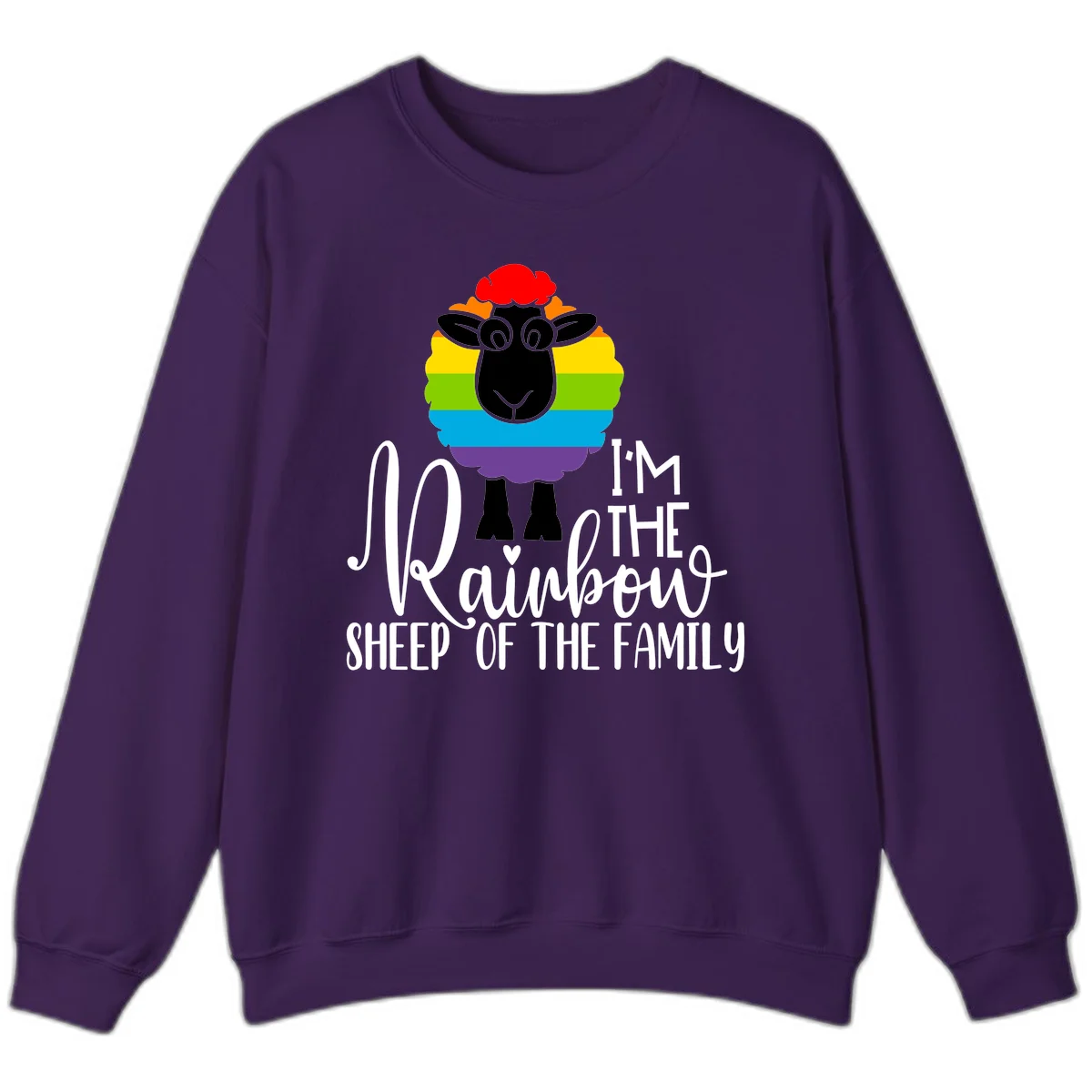 Cartoon sheep with rainbow-striped wool and text 'I'm The Rainbow Sheep Of The Family' celebrating pride and individuality in Purple