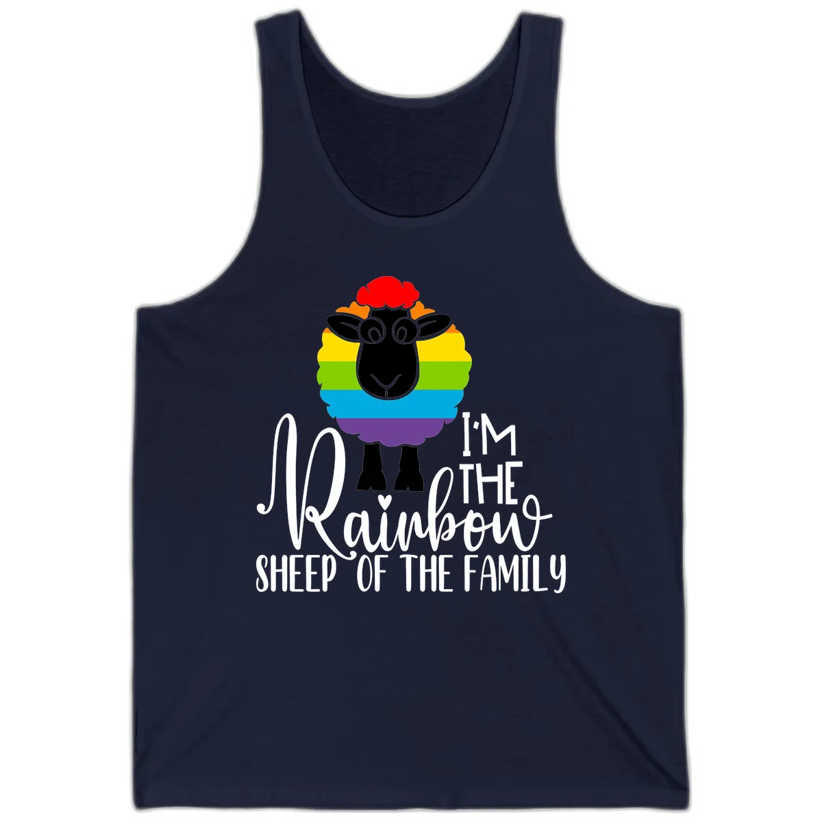 Cartoon sheep with rainbow-striped wool and text 'I'm The Rainbow Sheep Of The Family' celebrating pride and individuality in Navy
