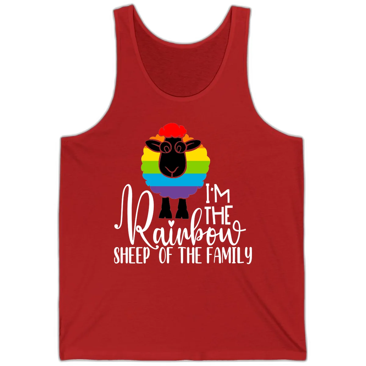 Cartoon sheep with rainbow-striped wool and text 'I'm The Rainbow Sheep Of The Family' celebrating pride and individuality in Red