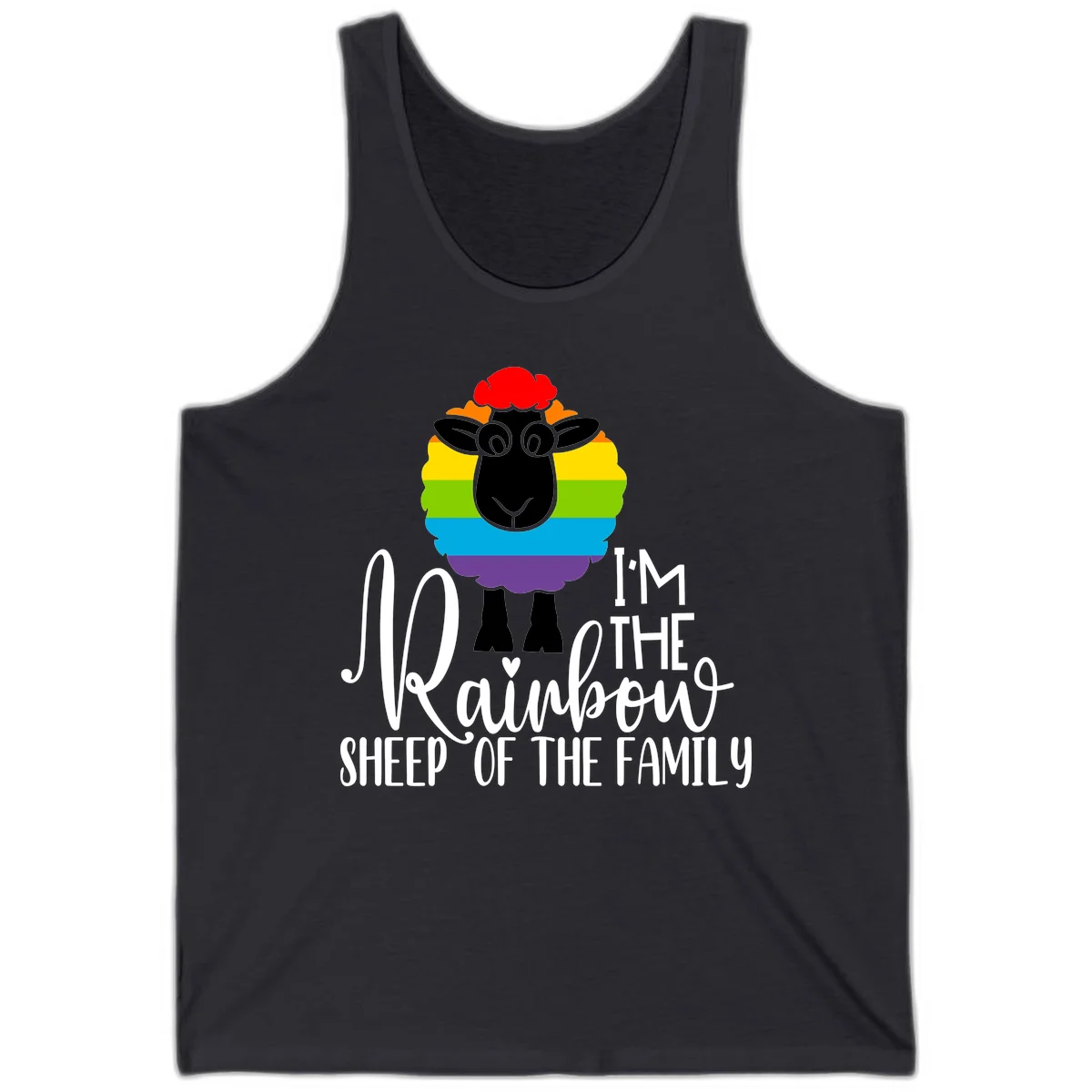 Cartoon sheep with rainbow-striped wool and text 'I'm The Rainbow Sheep Of The Family' celebrating pride and individuality in Dark Grey