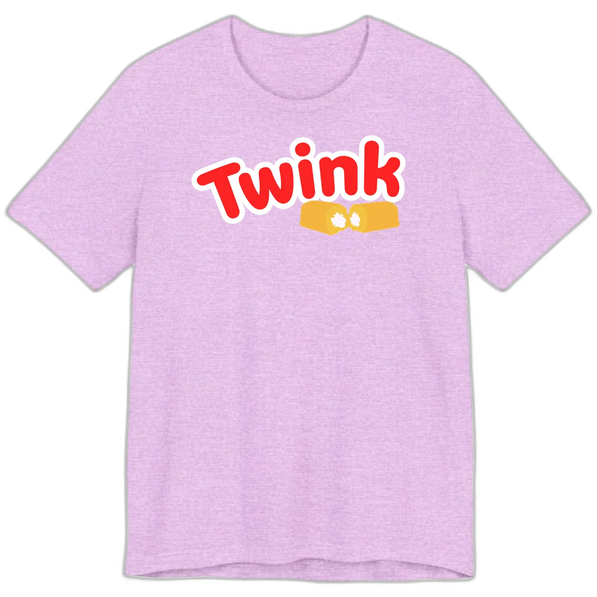 Red 'TWINK' text with white outline above two gold fists bumping together in celebration in Heather Prism Lilac