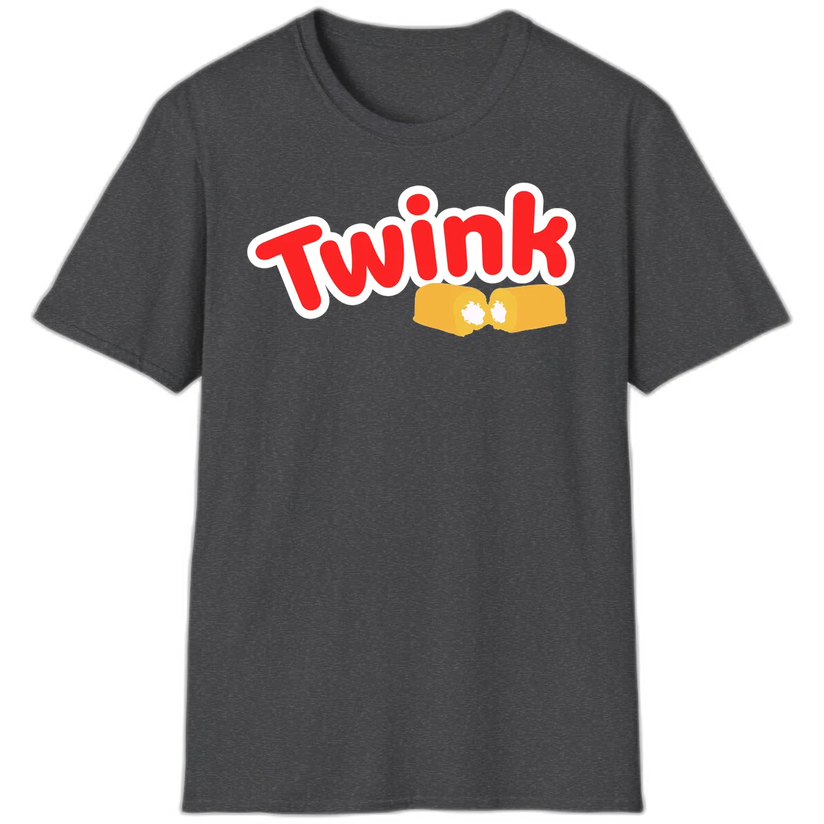 Red 'TWINK' text with white outline above two gold fists bumping together in celebration in Dark Heather