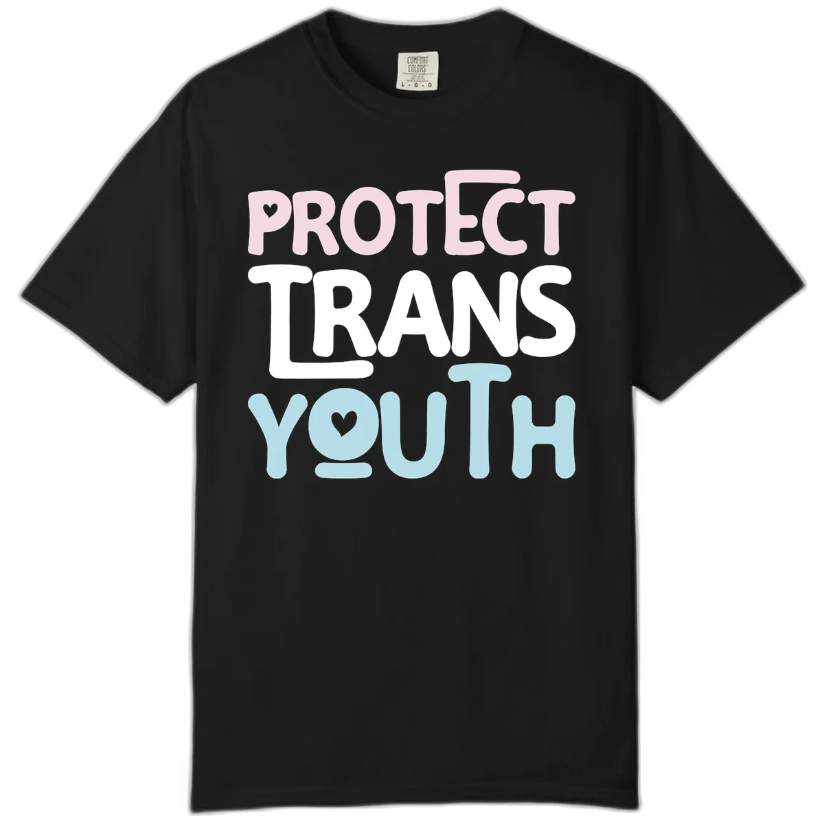 Bold colorful text reading 'PROTECT TRANS YOUTH' with pink and light blue lettering and small hearts, advocating for trans rights and youth support. in Black