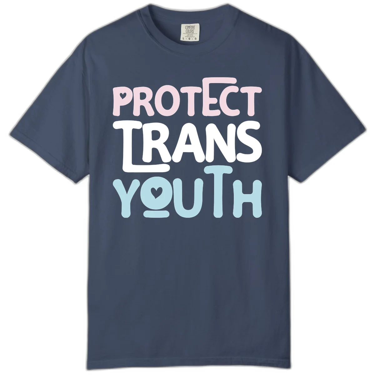 Bold colorful text reading 'PROTECT TRANS YOUTH' with pink and light blue lettering and small hearts, advocating for trans rights and youth support. in Midnight