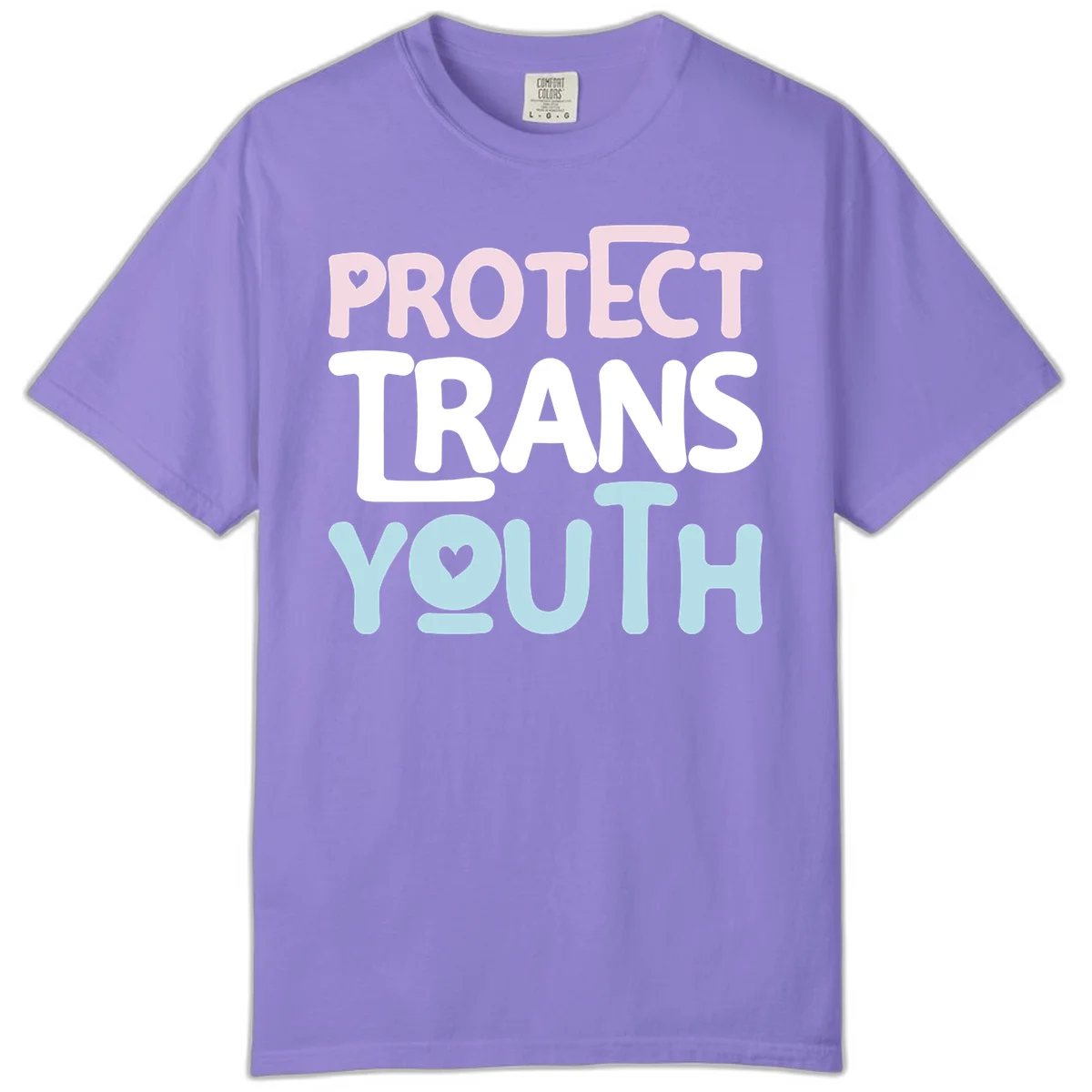 Bold colorful text reading 'PROTECT TRANS YOUTH' with pink and light blue lettering and small hearts, advocating for trans rights and youth support. in Violet