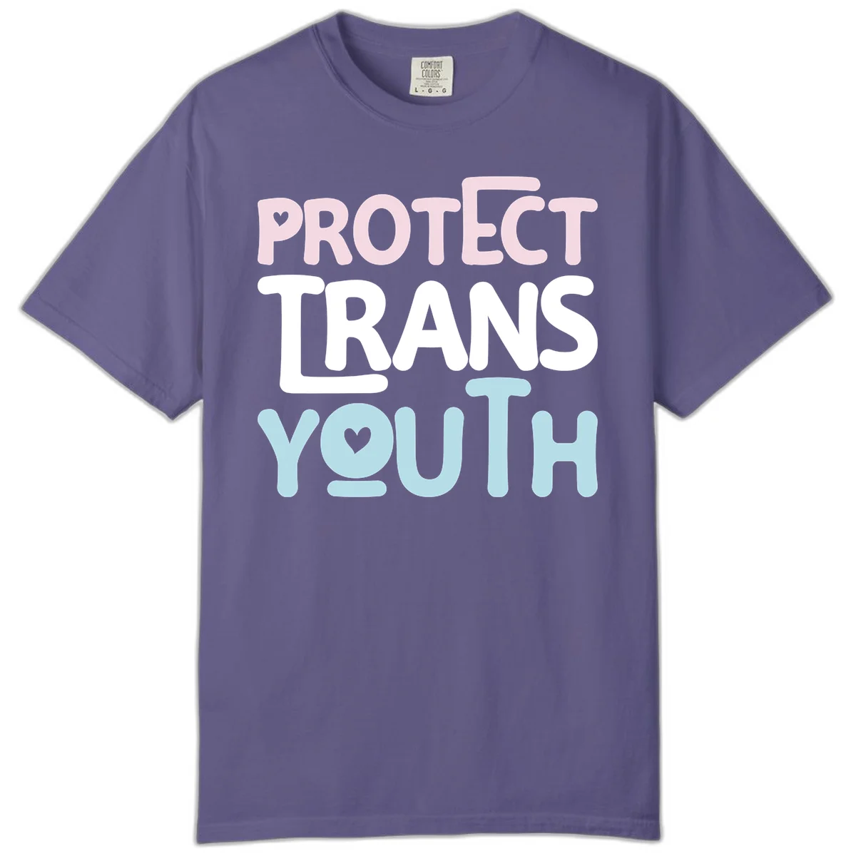 Bold colorful text reading 'PROTECT TRANS YOUTH' with pink and light blue lettering and small hearts, advocating for trans rights and youth support. in Grape