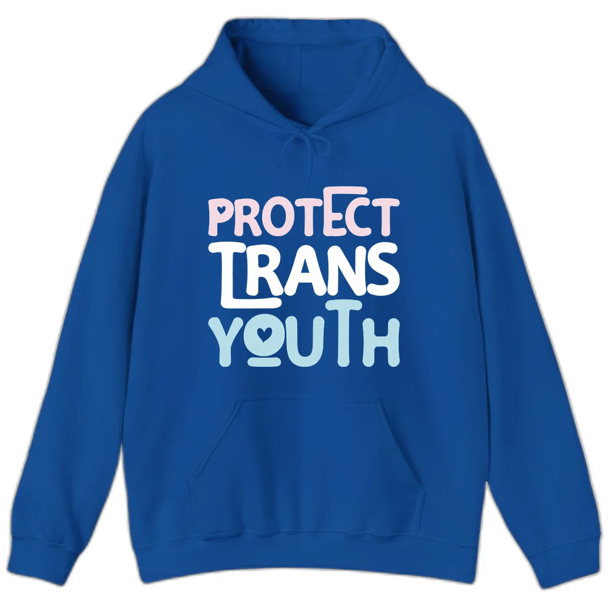 Bold colorful text reading 'PROTECT TRANS YOUTH' with pink and light blue lettering and small hearts, advocating for trans rights and youth support. in Royal