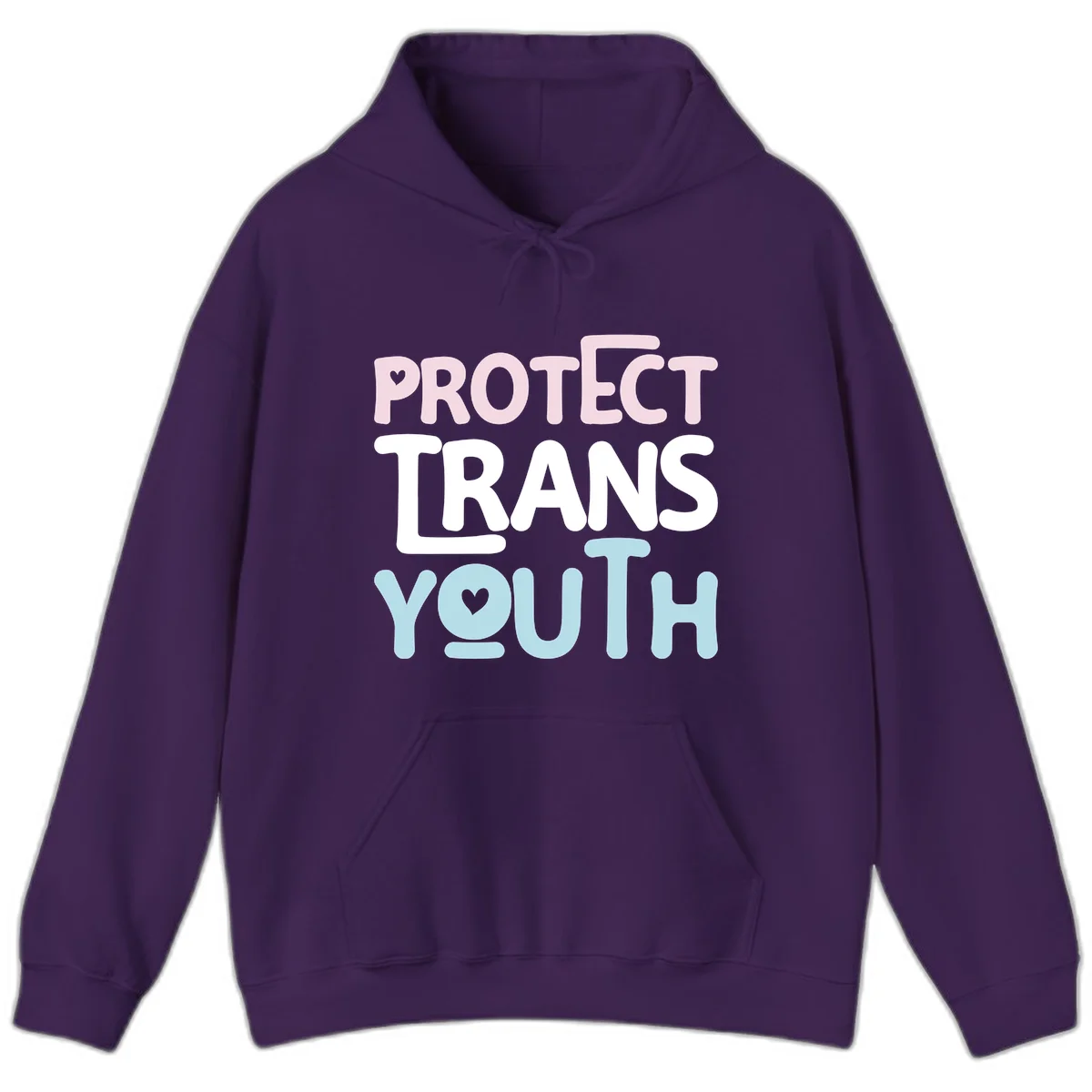 Bold colorful text reading 'PROTECT TRANS YOUTH' with pink and light blue lettering and small hearts, advocating for trans rights and youth support. in Purple
