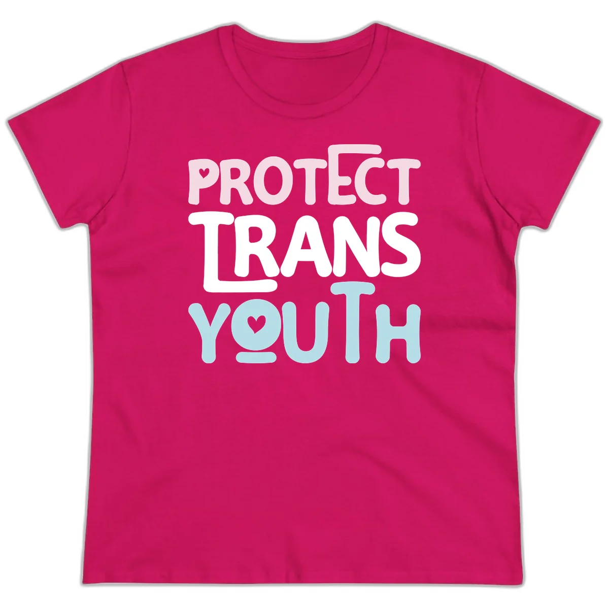Bold colorful text reading 'PROTECT TRANS YOUTH' with pink and light blue lettering and small hearts, advocating for trans rights and youth support. in Heliconia