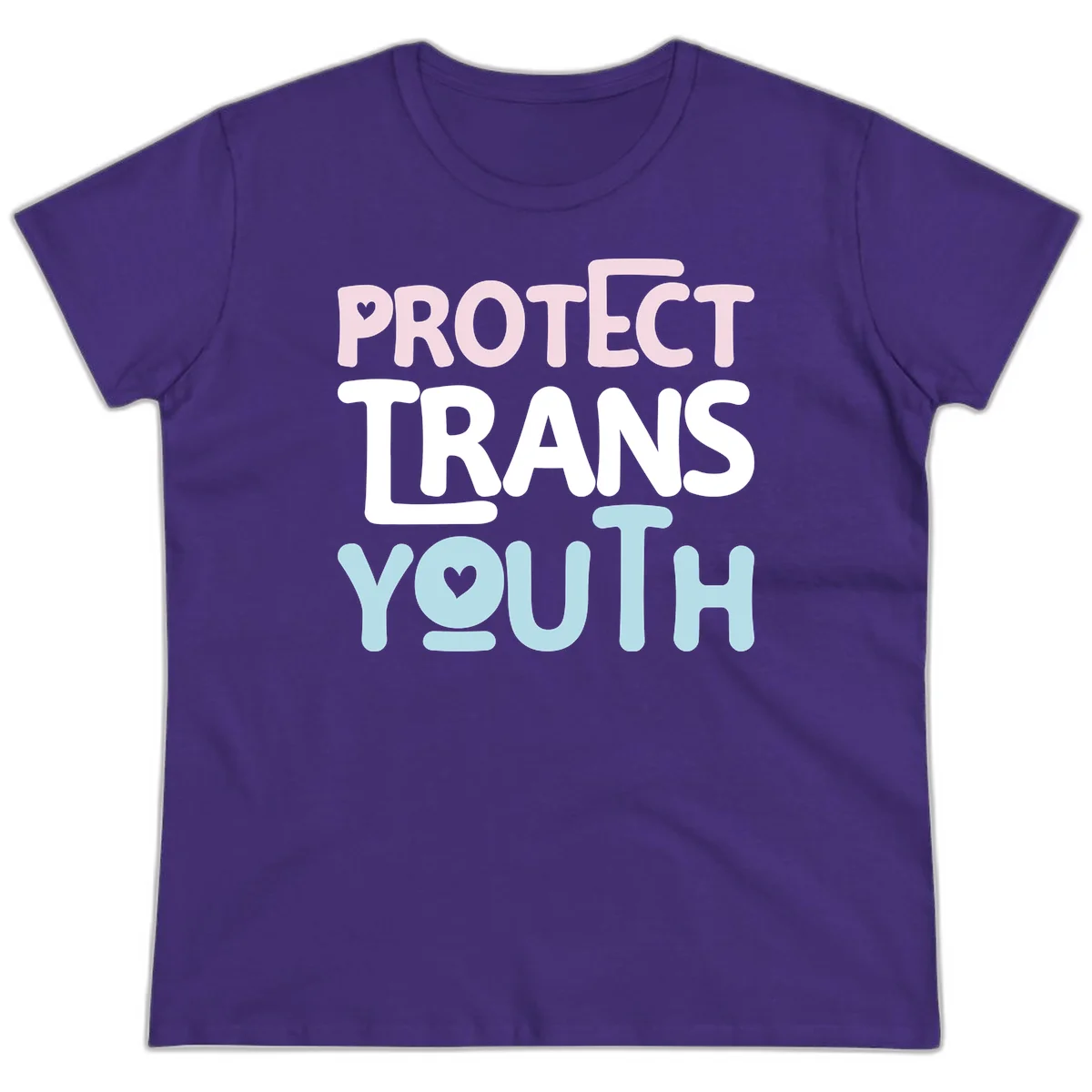 Bold colorful text reading 'PROTECT TRANS YOUTH' with pink and light blue lettering and small hearts, advocating for trans rights and youth support. in Purple