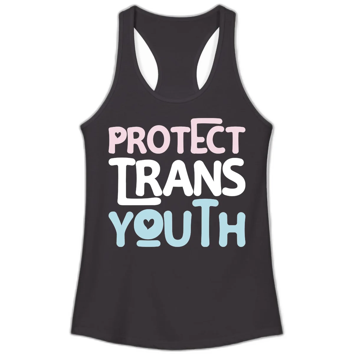 Bold colorful text reading 'PROTECT TRANS YOUTH' with pink and light blue lettering and small hearts, advocating for trans rights and youth support. in Black