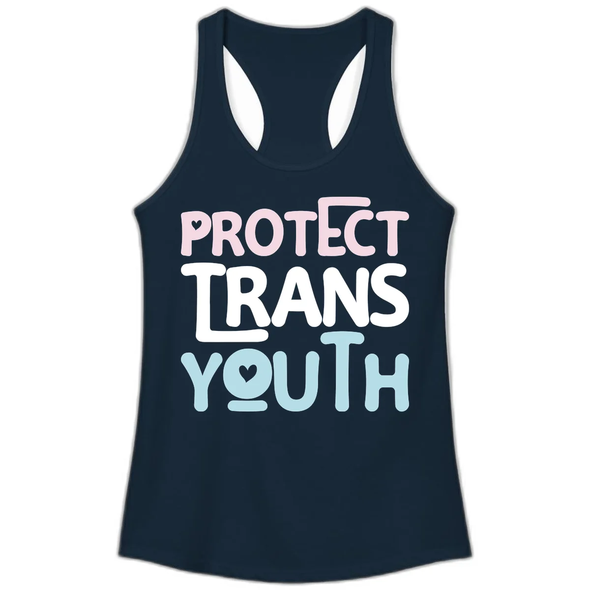Bold colorful text reading 'PROTECT TRANS YOUTH' with pink and light blue lettering and small hearts, advocating for trans rights and youth support. in Solid Midnight Navy