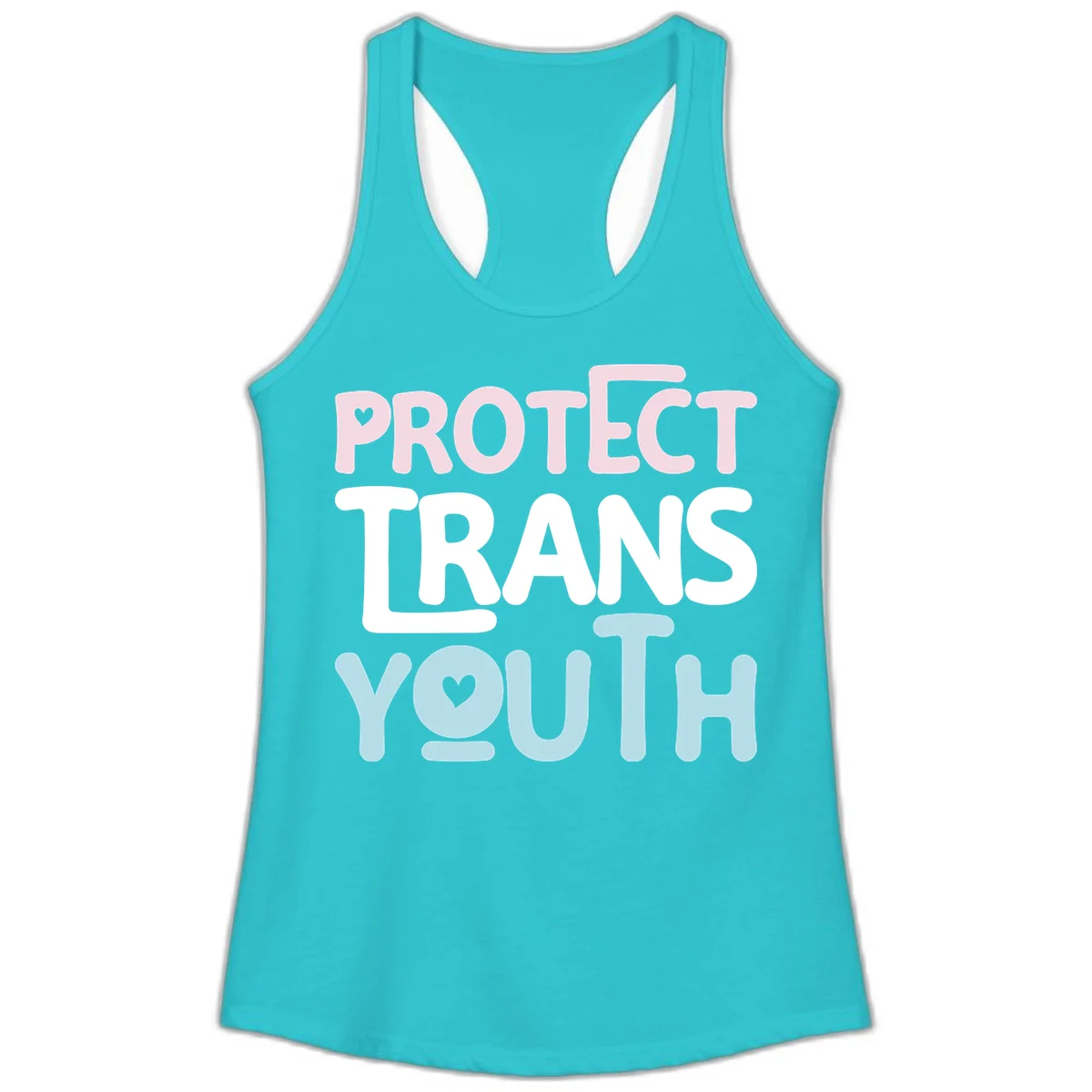 Bold colorful text reading 'PROTECT TRANS YOUTH' with pink and light blue lettering and small hearts, advocating for trans rights and youth support. in Solid Tahiti Blue