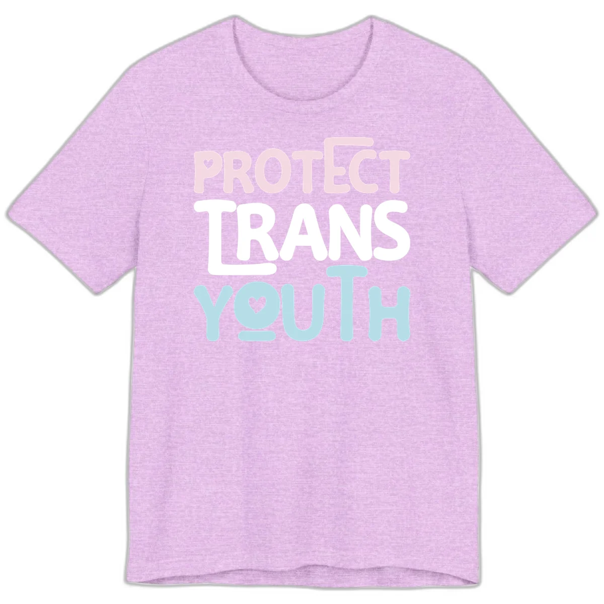 Bold colorful text reading 'PROTECT TRANS YOUTH' with pink and light blue lettering and small hearts, advocating for trans rights and youth support. in Heather Prism Lilac