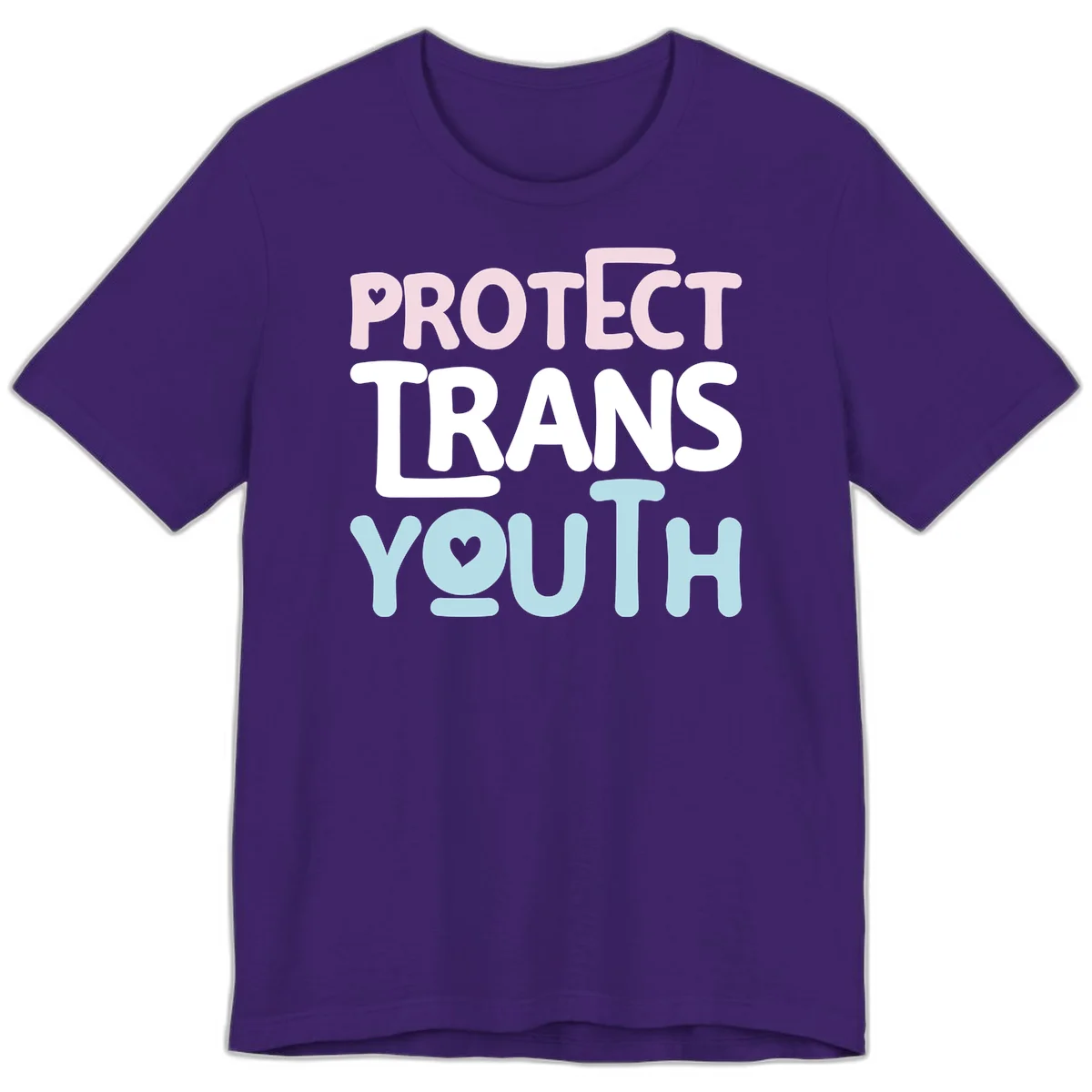 Bold colorful text reading 'PROTECT TRANS YOUTH' with pink and light blue lettering and small hearts, advocating for trans rights and youth support. in Team Purple